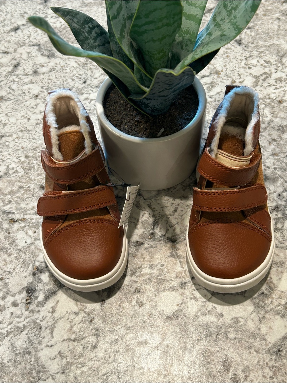 UGG Kids Chestnut Brown Faux-Leather Velcro Booties with Sherpa Trim